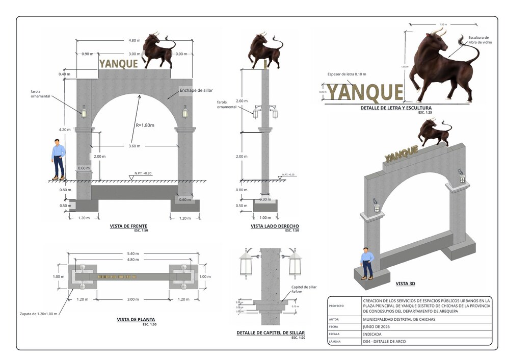 Lámina A3 D04 del arco de bienvenida YANQUE: vista de frente, lado derecho, planta y 3D a 1:50, detalle de letra y escultura a 1:25 y del capitel de sillar a 1:20, con cotas, niveles, línea de terreno y cajetín