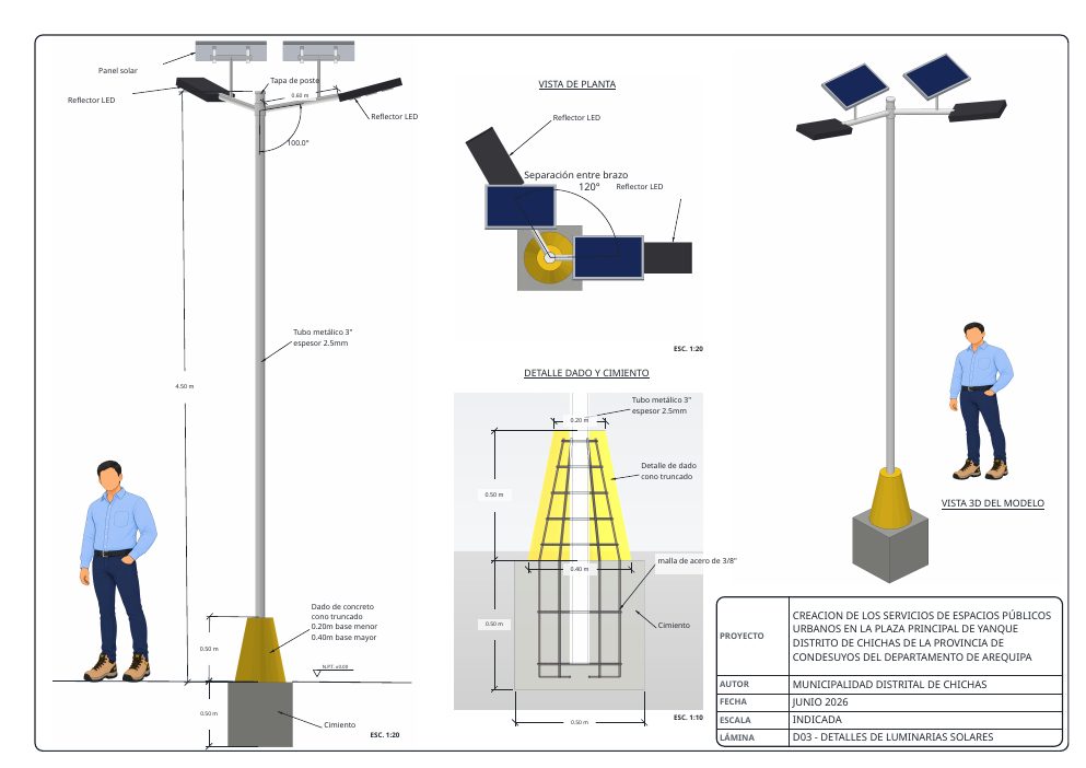 Lámina A3 de la luminaria solar: poste, dado de concreto y detalle del acero