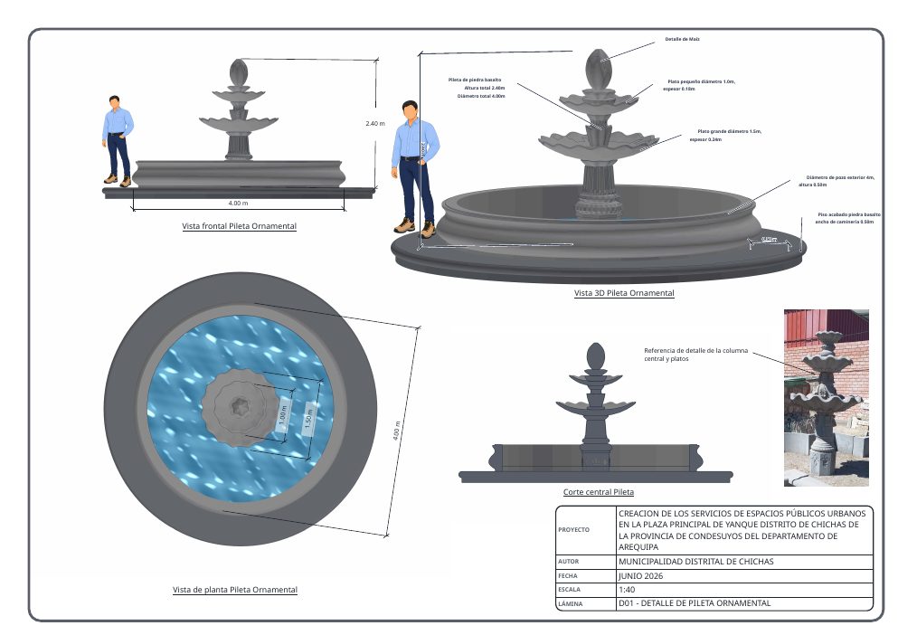 Lámina A3 de la pileta ornamental: vista frontal, 3D, planta y corte a 1:40 con cotas y cajetín