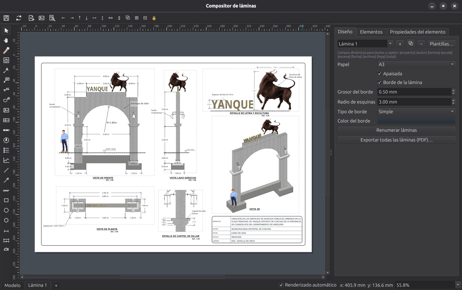 Ventana del compositor de láminas de IngeTrazo con la lámina D04 del arco de bienvenida de Yanque: frente, lado, planta y 3D a 1:50, detalles de letra y capitel, niveles y línea de terreno, con las reglas, la barra de lámina y el panel de diseño a la derecha