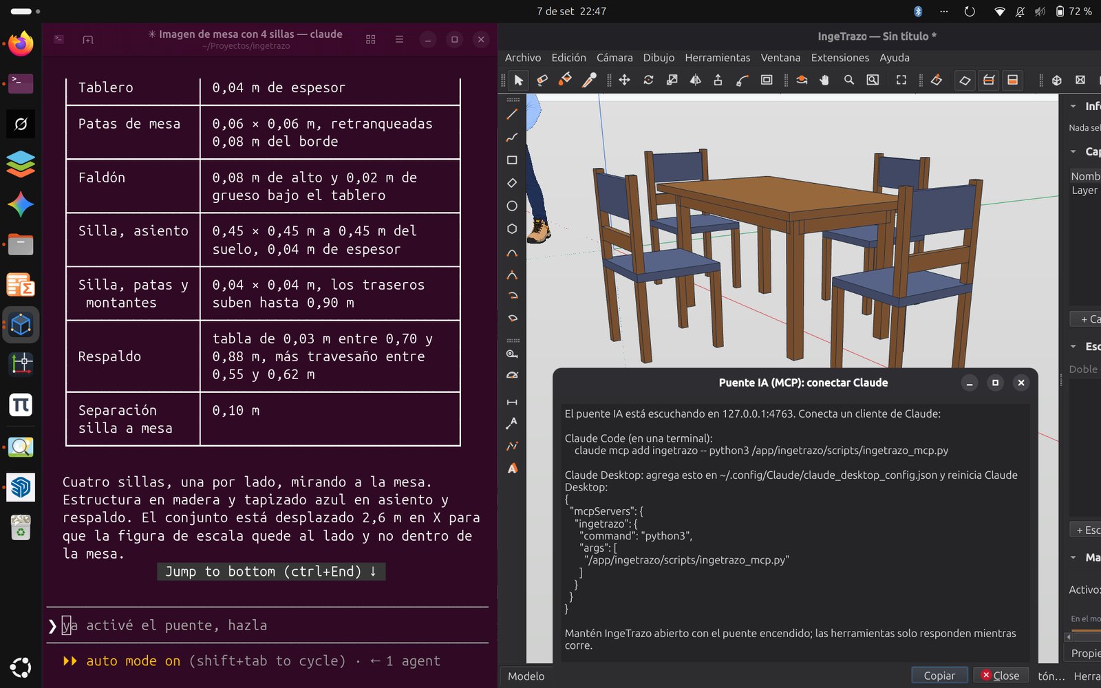 Escritorio Ubuntu completo: Claude Code en una terminal a la izquierda listando las medidas de la mesa con cuatro sillas que acaba de dibujar, e IngeTrazo a la derecha con el modelo y el diálogo del Puente IA (MCP) abierto