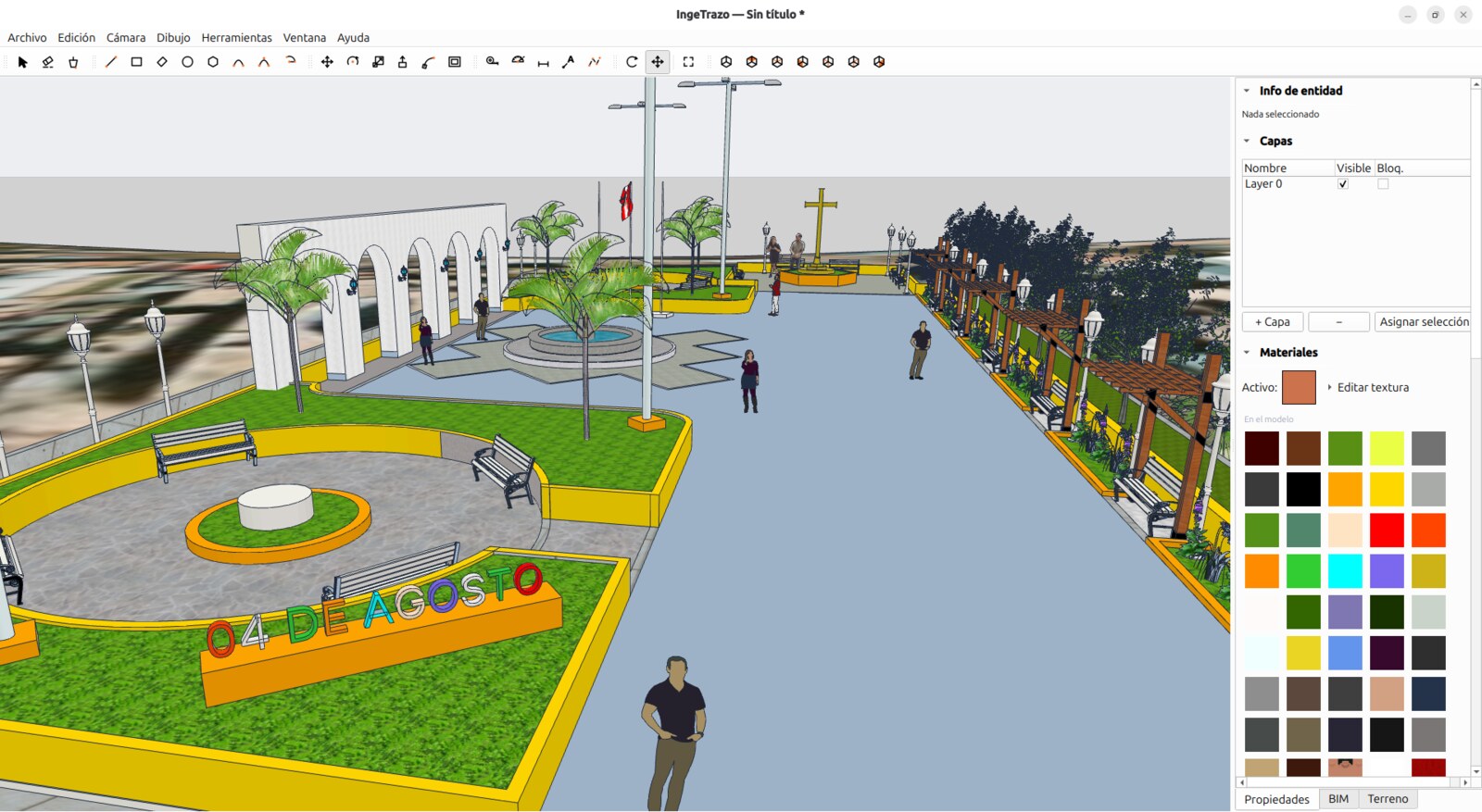 IngeTrazo: plaza 04 de Agosto con arcos, pérgolas, letras 3D y panel de materiales